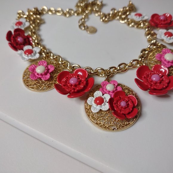 Very Cute Talbots Red, Pink, And White Flower Necklace 21 Inches Long - Picture 9 of 15